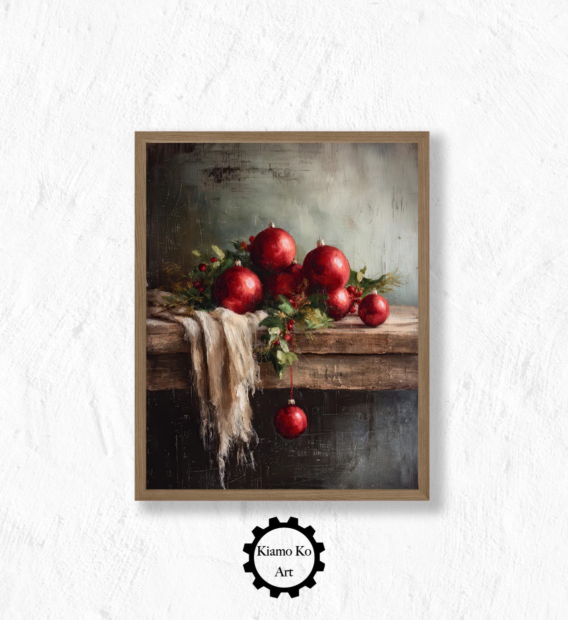 Red Christmas Ornaments Rustic Holiday Vintage Still Life Art Poster