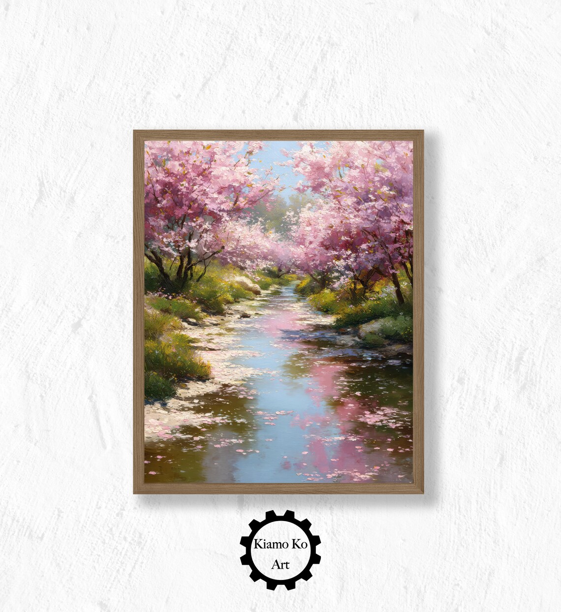 Cherry Blossom Trees by a Stream with Pink Petals Nature Landscape Poster