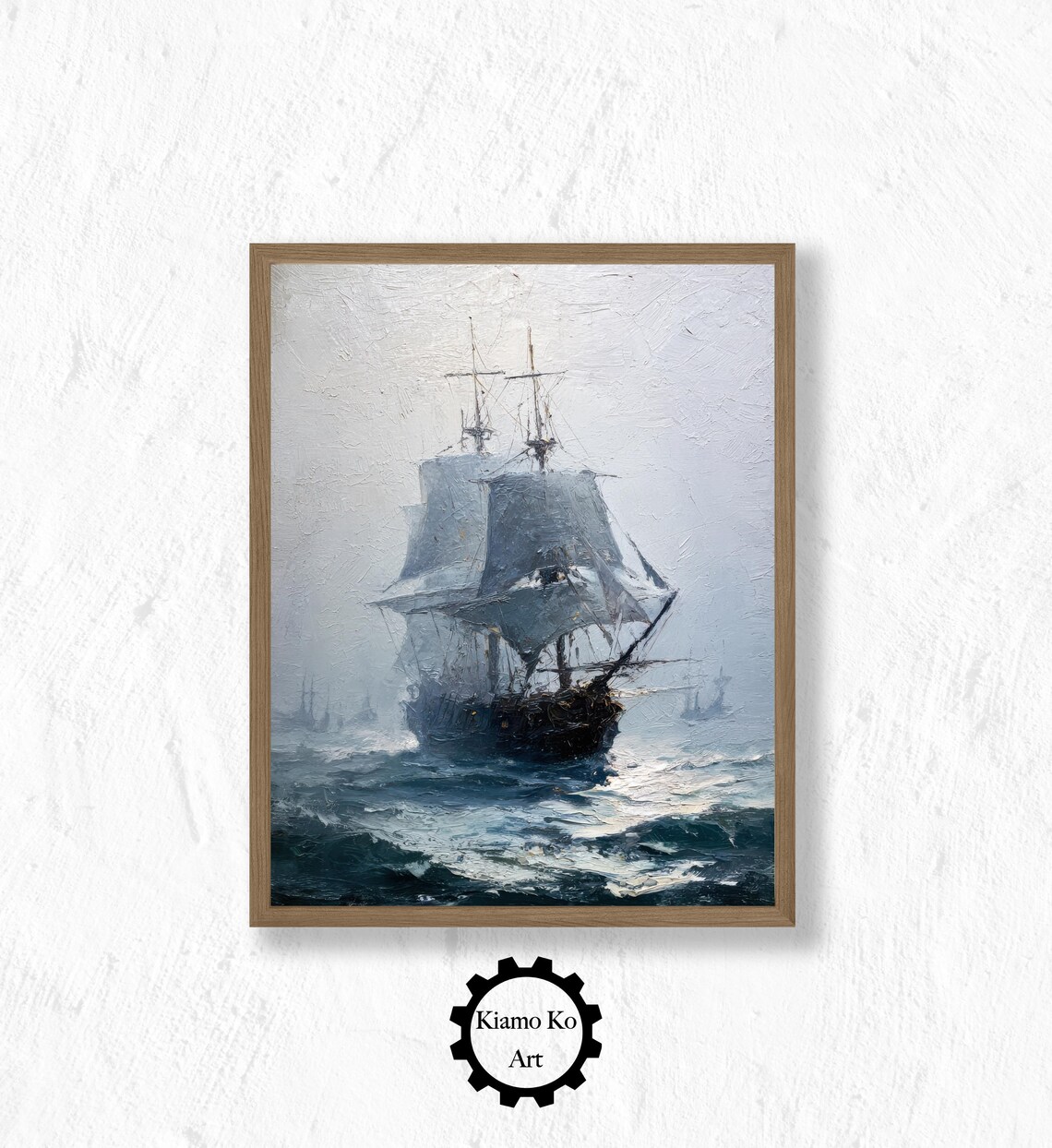 Tall Ship With Full Sails in Misty Seas Classic Nautical Painting Poster