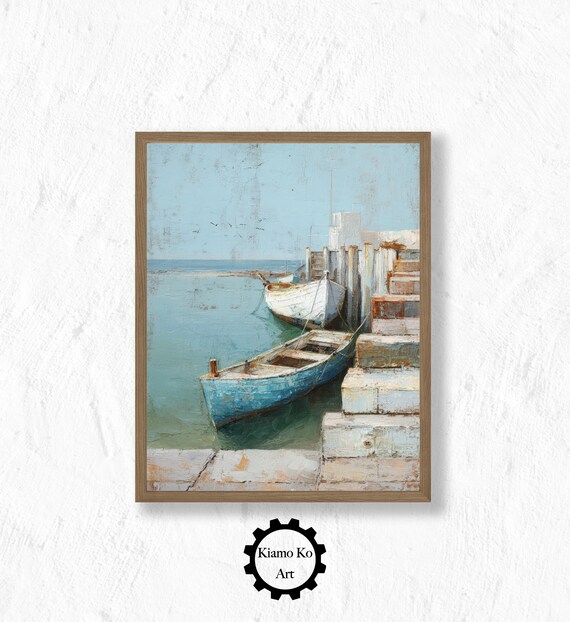 Weathered Boats Moored at Old Stone Pier Steps Coastal Wall Decor Poster