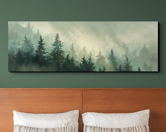 Morning Fog Over A Mountain Forest Panoramic Print Foggy Pine Tree Landscape Framed Wall Art Misty Mountain Landscape Art