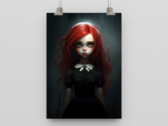 Red Haired Gothic Girl Portrait Print Dark Doll Style Artwork