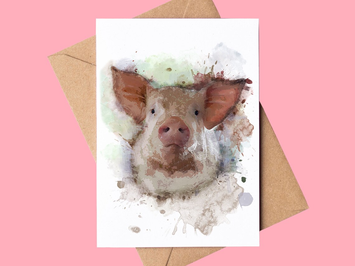 Cute Pig Watercolor Greeting Card Funny Animal Lover Card Print