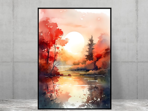 Autumn Sunset Over Lake Watercolor Red Trees Fall Scenic Poster