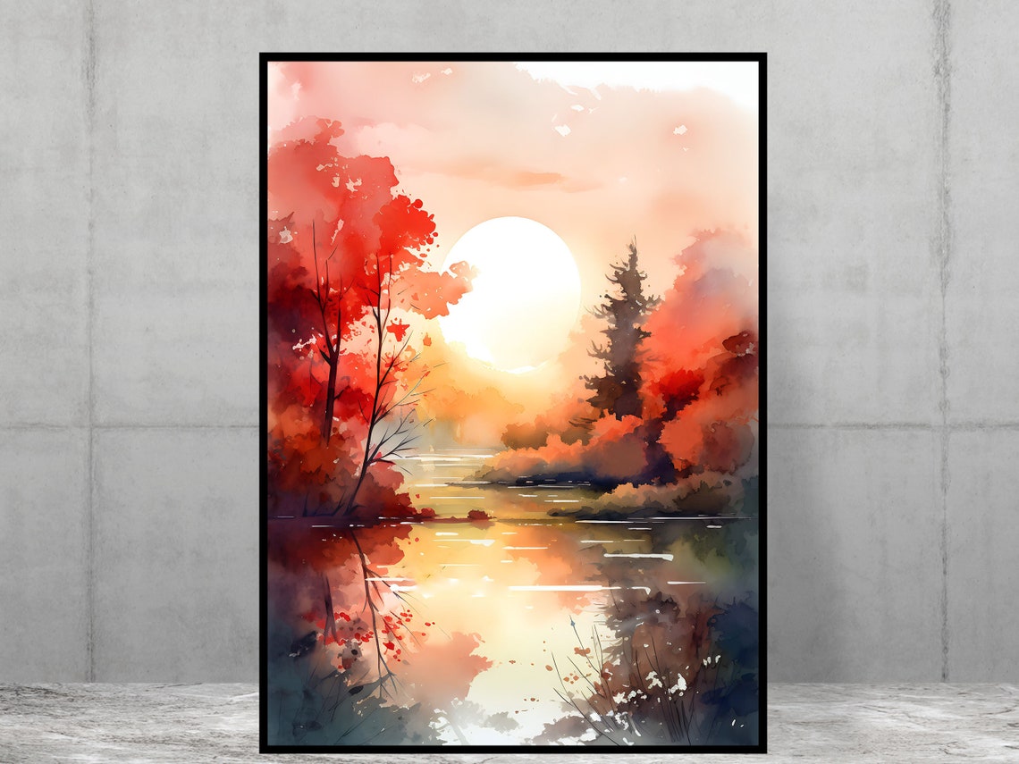 Autumn Sunset Over A Lake Scene Small Town America Watercolour Illustration Home Decor Poster Print