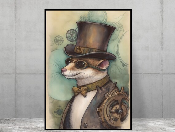 Steampunk Weasel Top Hat Goggles Portrait Whimsical Art Poster