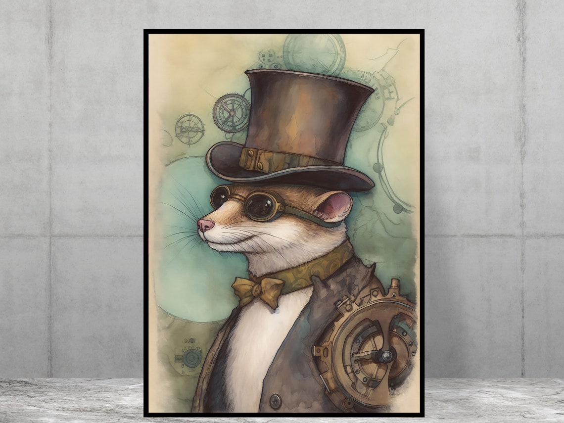 Steampunk Weasel Mixed Media Style Print Poster Home Art Animal