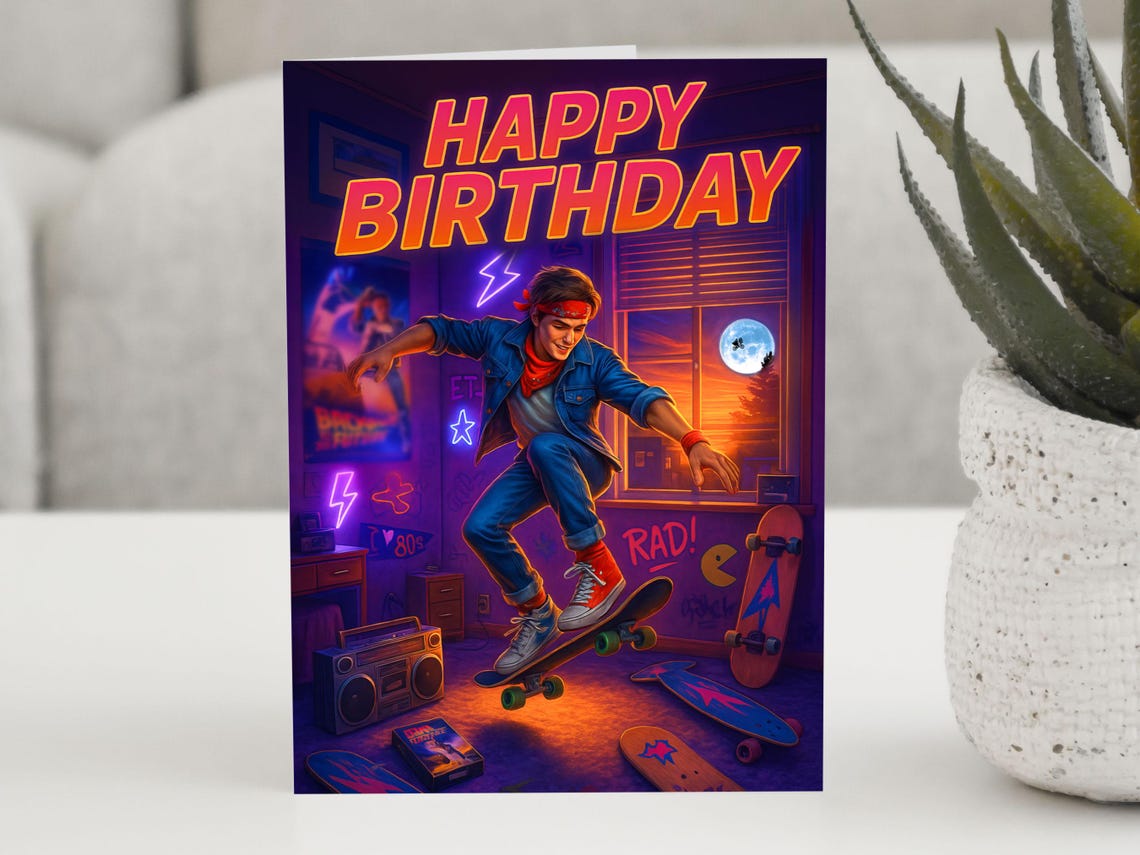 Happy Birthday 80s Neon Skateboard Retro Greeting Card Art Print