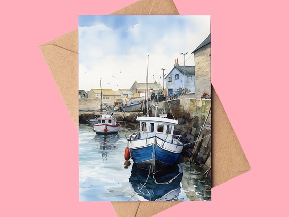 Seaside Fishing Boats in Harbour Watercolor Art Print