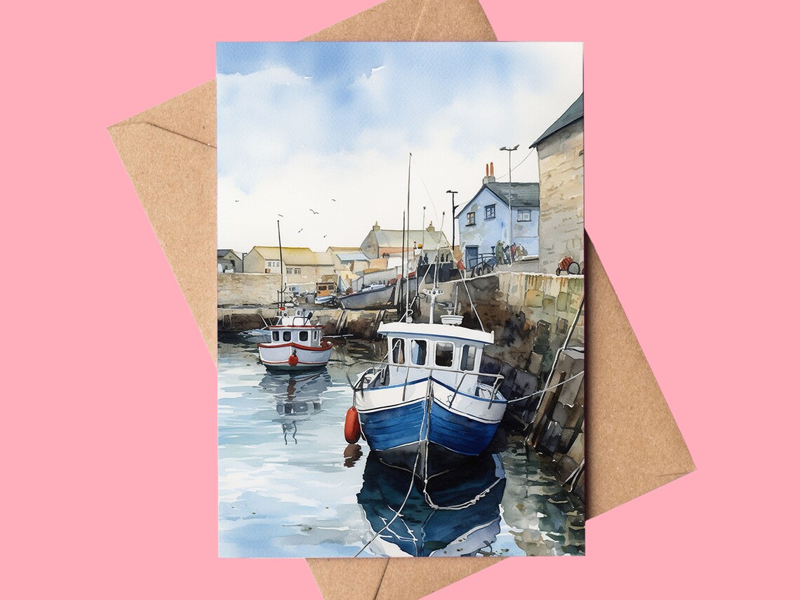 Seaside Fishing Boats in Harbour Watercolor Art Print
