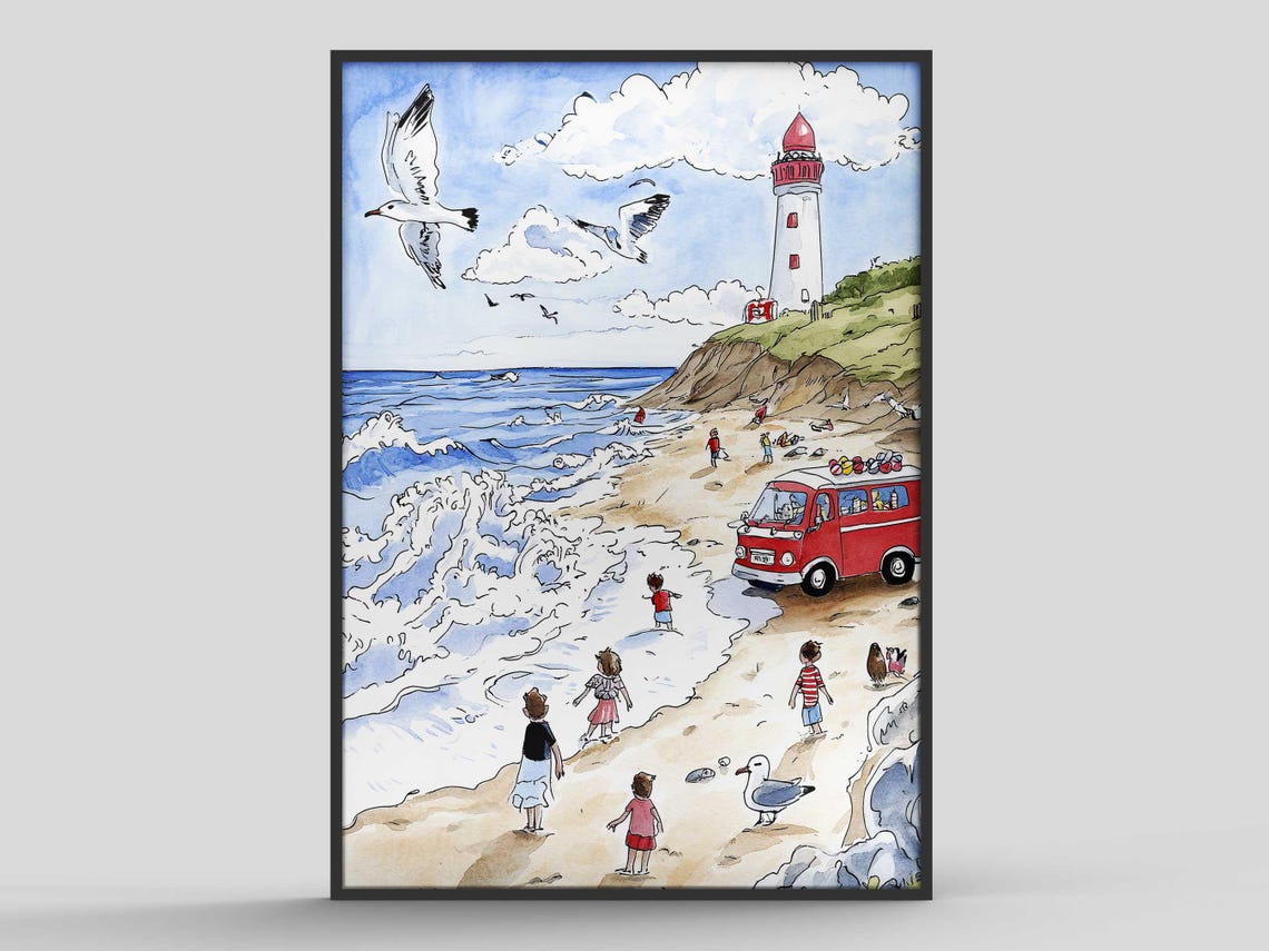 Seaside Lighthouse Beach Whimsical Watercolor Illustration Art Print