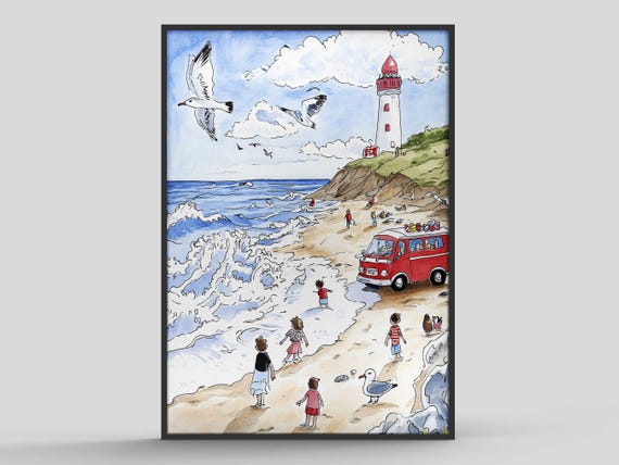 Day At The Seaside Watercolour And Pen Print Scene Poster Home Decor Wall Art