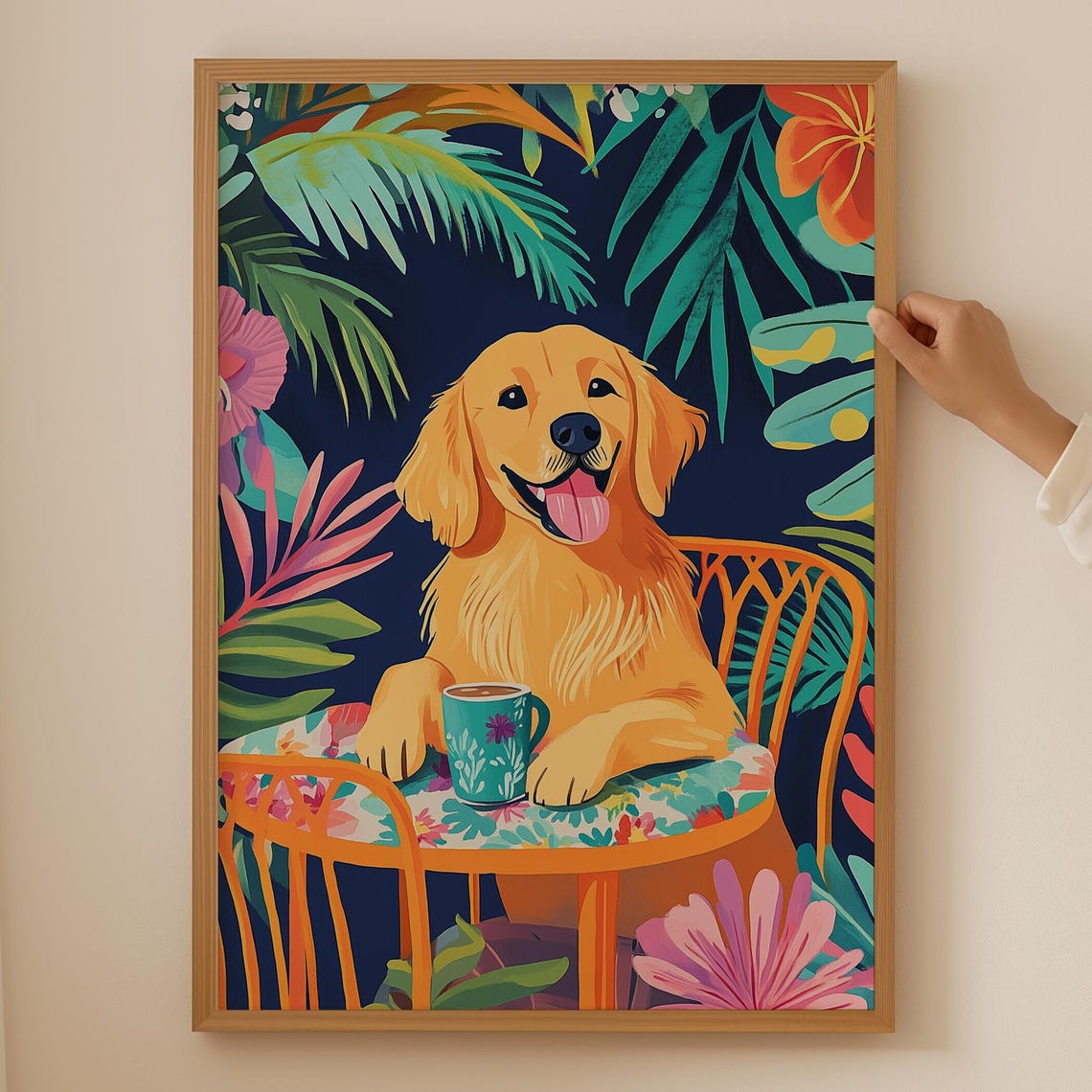 Golden Retriever Coffee Date Tropical Hibiscus Cafe Art Poster