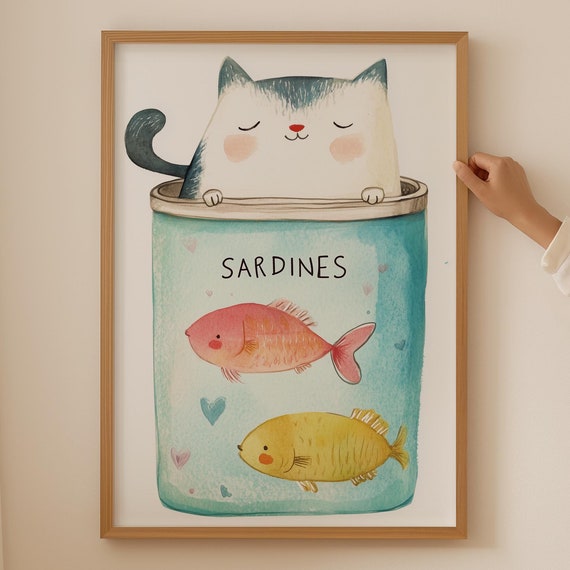 Funky Cat Sardine Poster Funny Fish Wall Art Fisherman Print Trendy Bathroom Prints For Lovers Themed Gift
