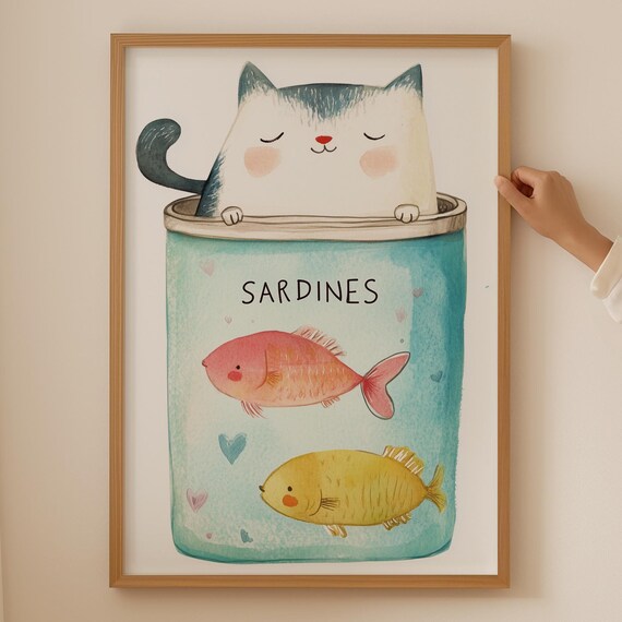 Sardines Cat Watercolor Fish Can Cute Whimsical Kitchen Poster