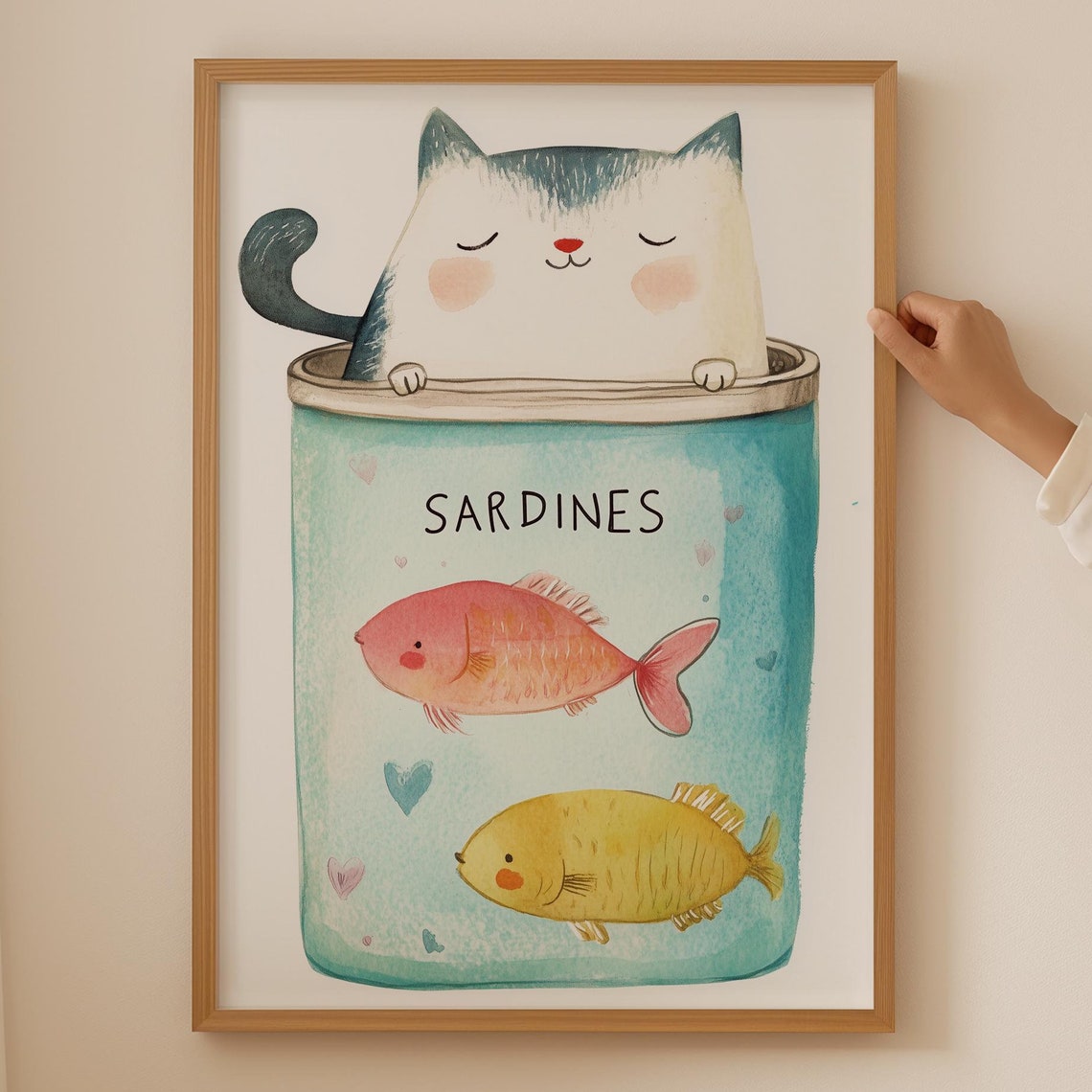 Sardines Cat Watercolor Fish Can Cute Whimsical Kitchen Poster