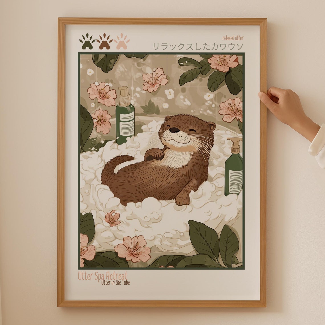 Otter Spa Retreat Japanese Cherry Blossom Bubble Bath Art Poster