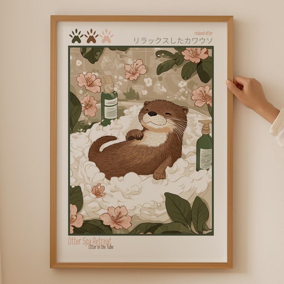 Japandi Otter Print Wabi Sabi Cherry Blossom Poster Japanese Wall Art For Room Decor Trendy Gift Or Bathroom