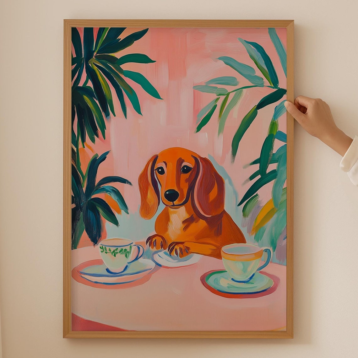 Dachshund Tea Party Tropical Pink Dog Painting Cute Wall Poster