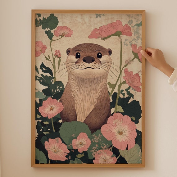 Otter Poster Wabi Sabi Cherry Blossom Japanese Wall Art For Room Decor Trendy Japandi Gift Or Bathroom