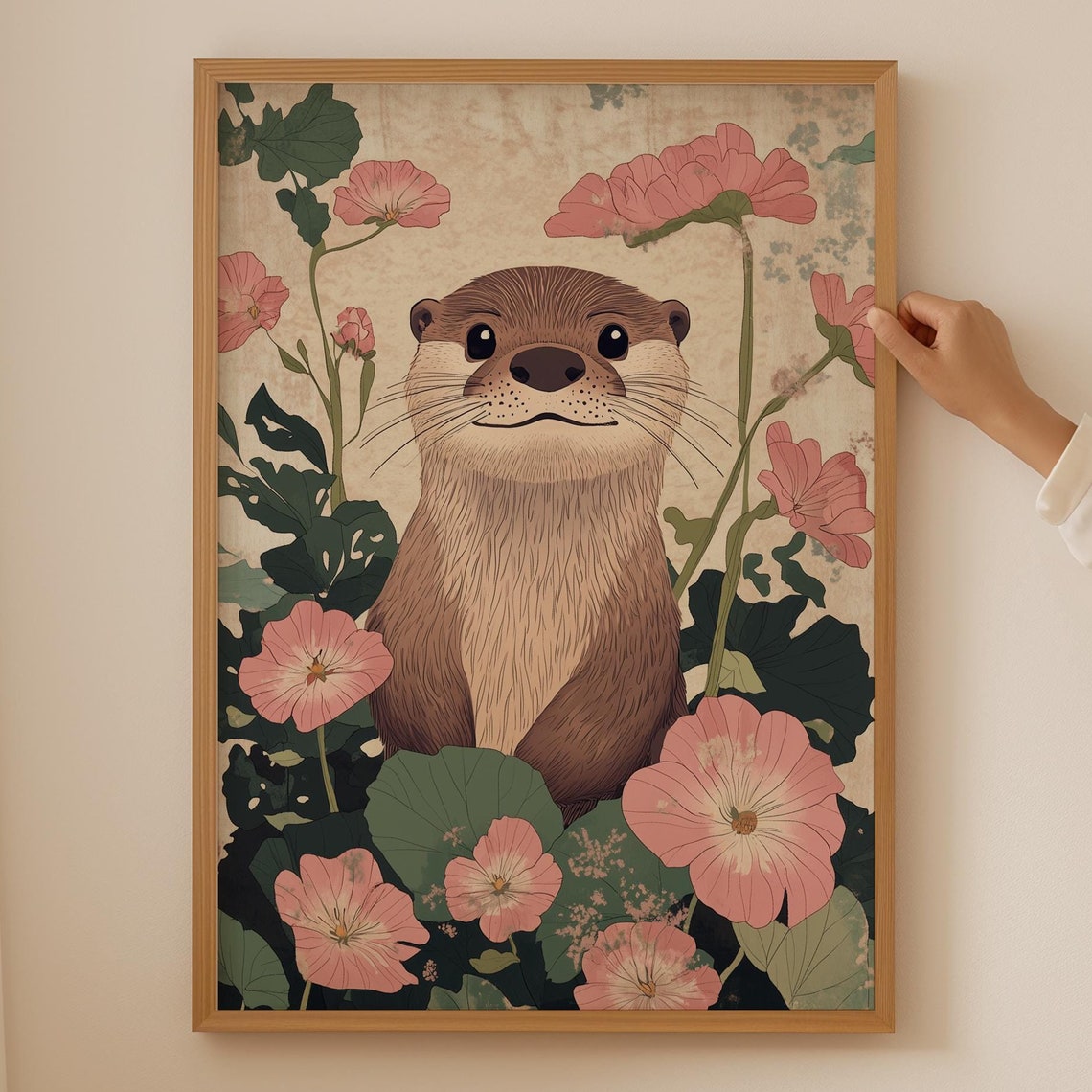 Sweet Otter Among Pink Blossoms Vintage Botanical Art Poster