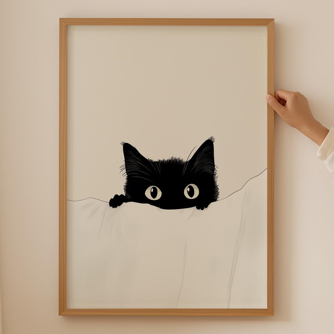 Sweet Peeking Black Cat Minimalist Kitten Sketch Wall Poster
