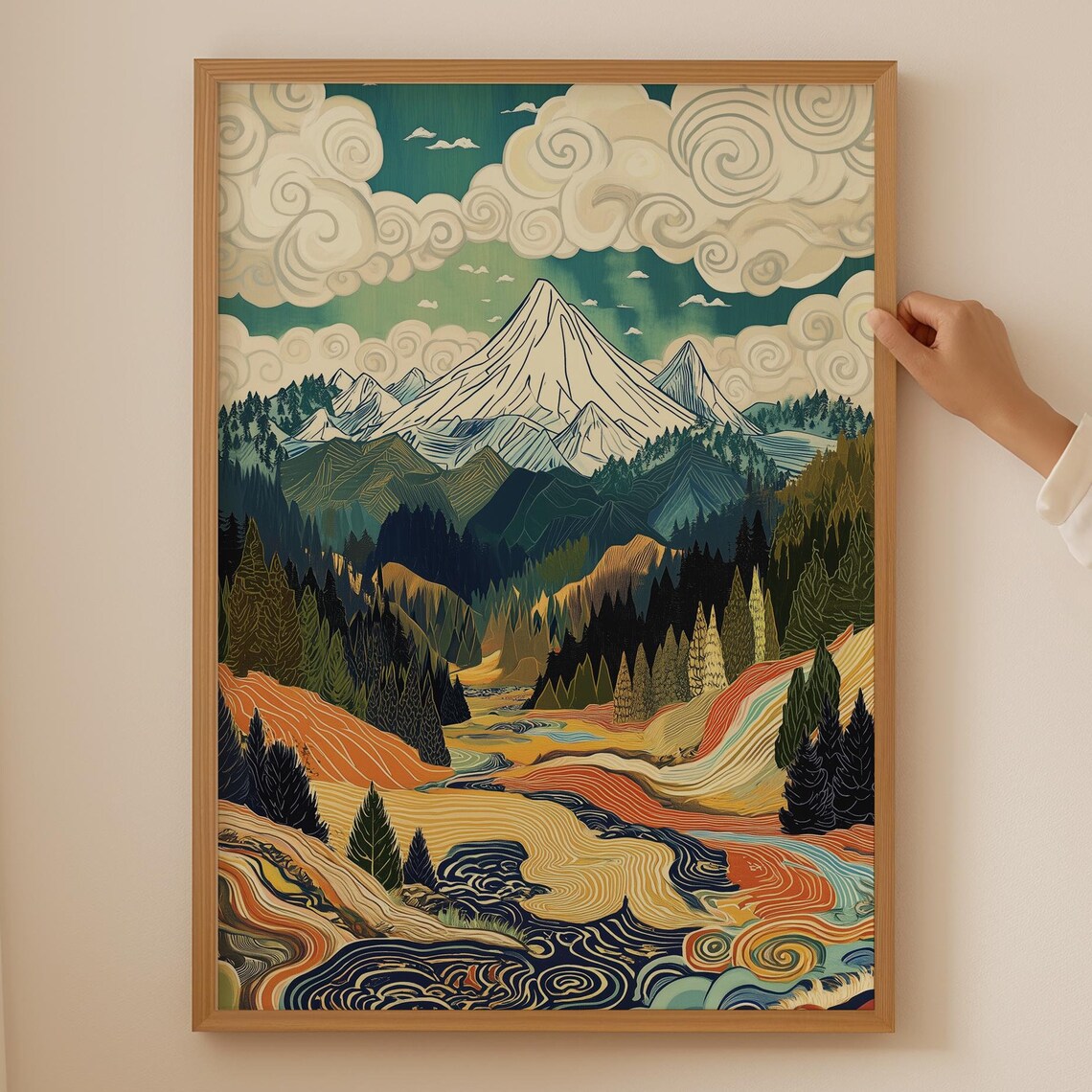 Mount Fuji Snow Peak Swirling Clouds Japanese Woodblock Style Poster