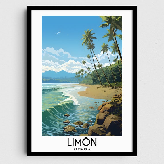 Limon Tropical Palm Beach Turquoise Waves Costa Rica Travel Poster