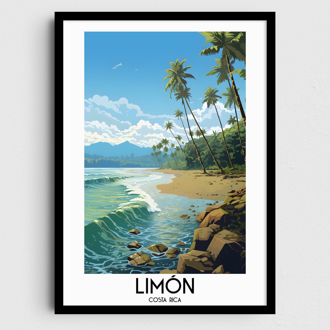 Limon Tropical Palm Beach Turquoise Waves Costa Rica Travel Poster
