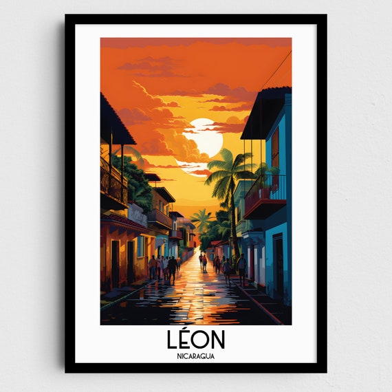 Leon Sunset Colonial Street Palm Trees Nicaragua Travel Poster
