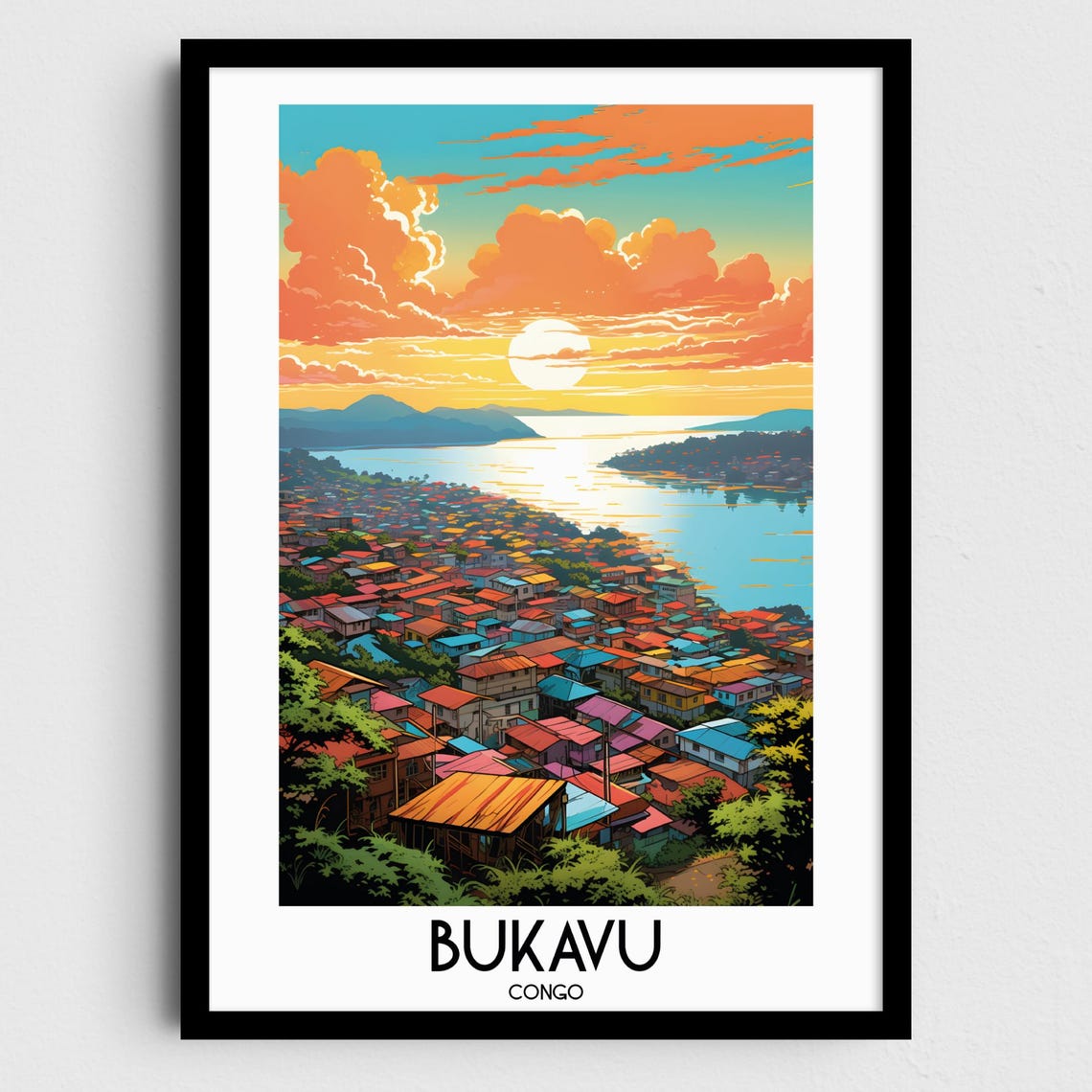 Bukavu Congo Lake Kivu Golden Sunset City Vintage Travel Poster