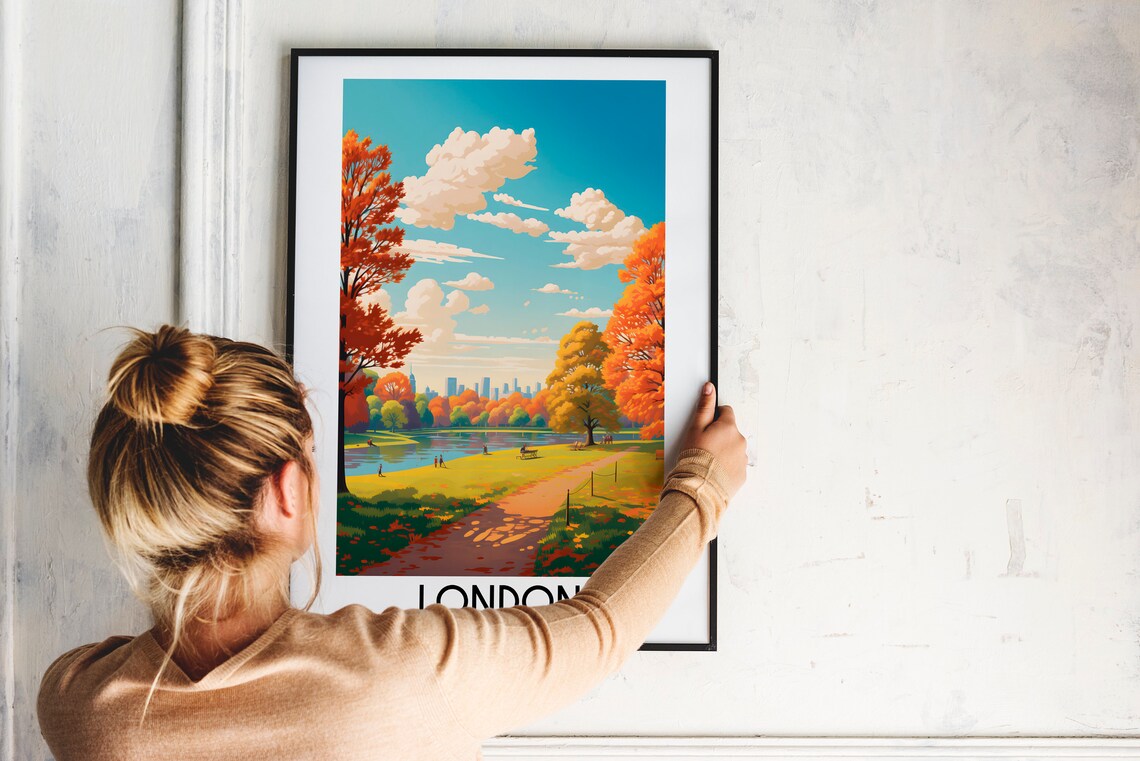 London England Autumn Park Path City Skyline Golden Fall Travel Poster - Image 2