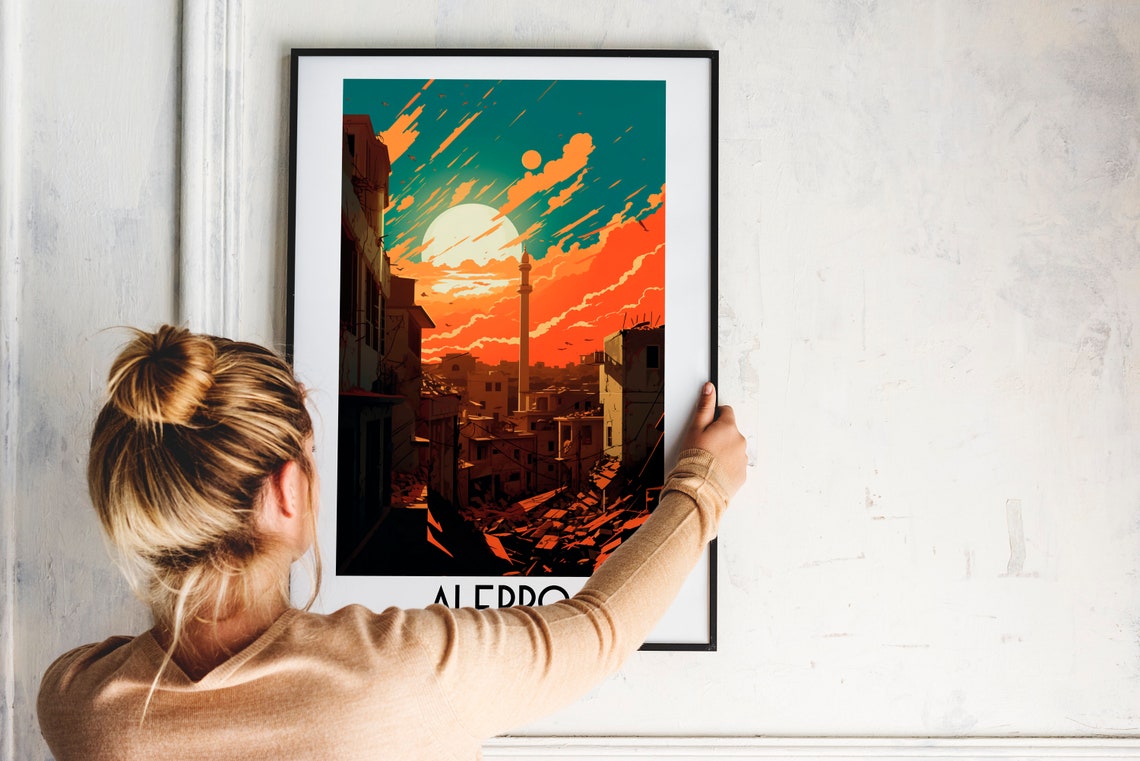 Aleppo Syria Old City Fiery Sunset Minaret Silhouette Travel Poster - Image 2