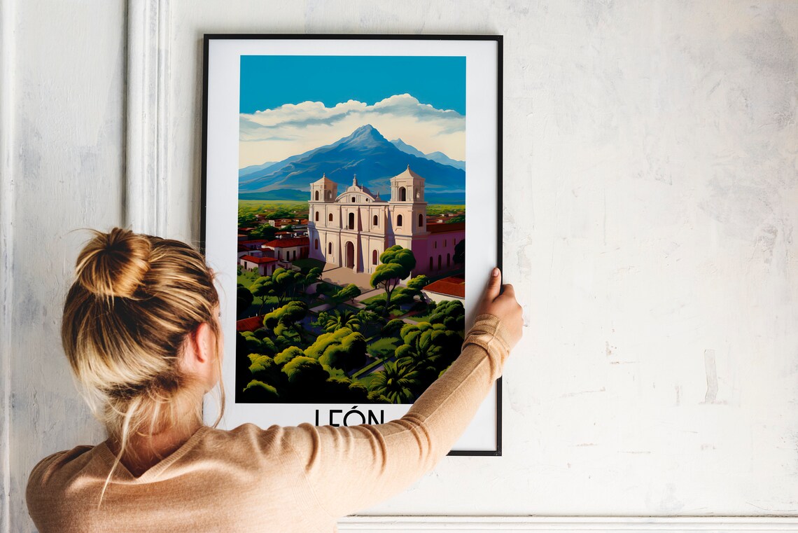 Leon White Cathedral Volcano View Nicaragua Travel Art Poster - Image 2