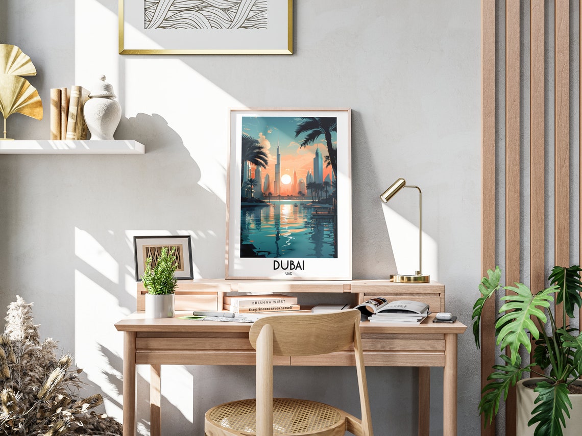 Dubai UAE Sunset Skyline Water Reflection Vintage Travel Poster - Image 3