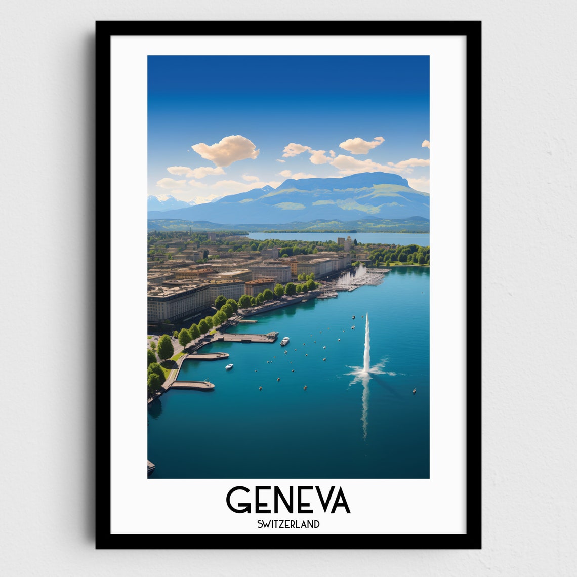 Geneva Switzerland Lake Water Fountain Mountain Travel Poster