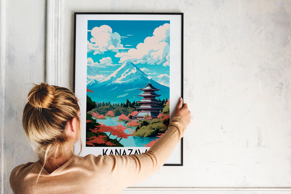 Kanazawa Japan Pagoda Snow Capped Peak Garden Landscape Travel Poster - Image 2