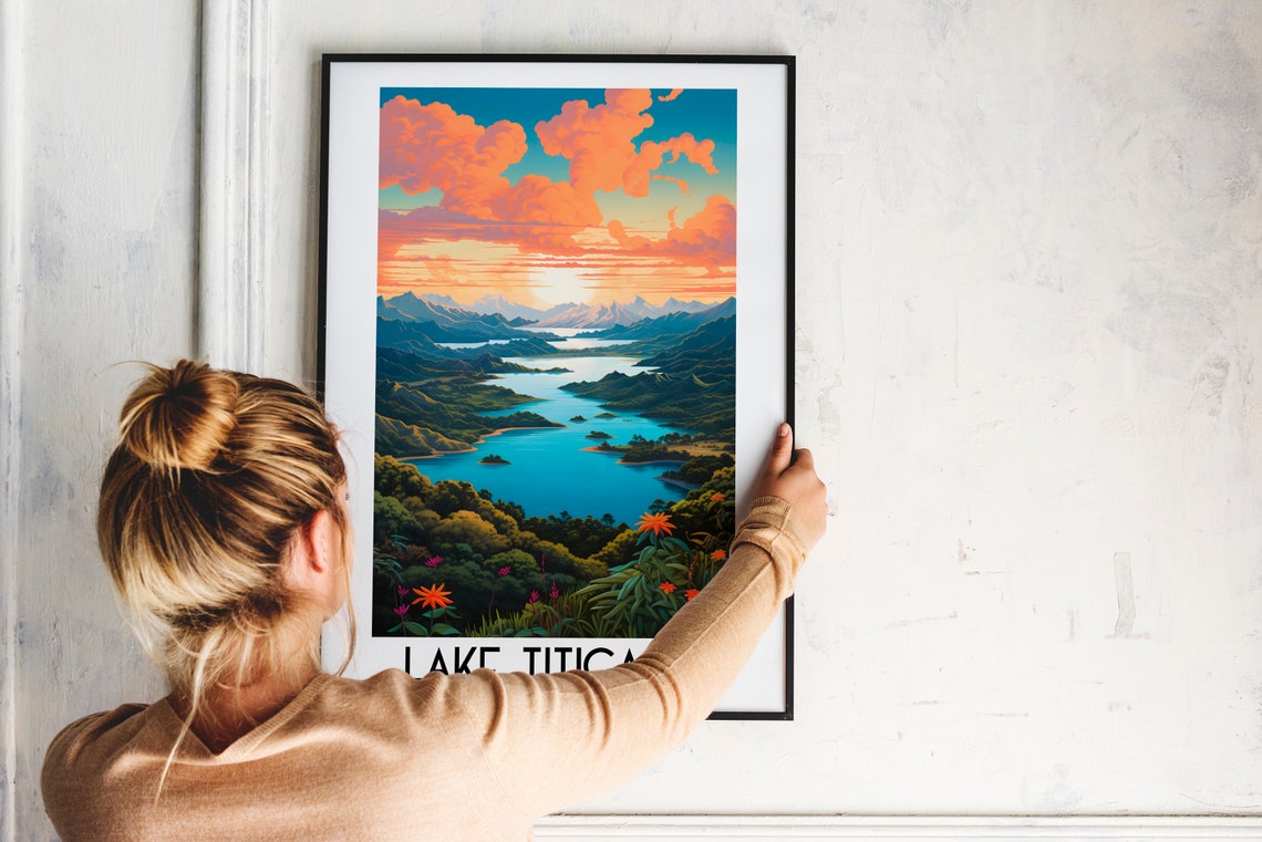 Lake Titicaca Glowing Sunset Wildflowers Mountains Bolivia Travel Poster - Image 2