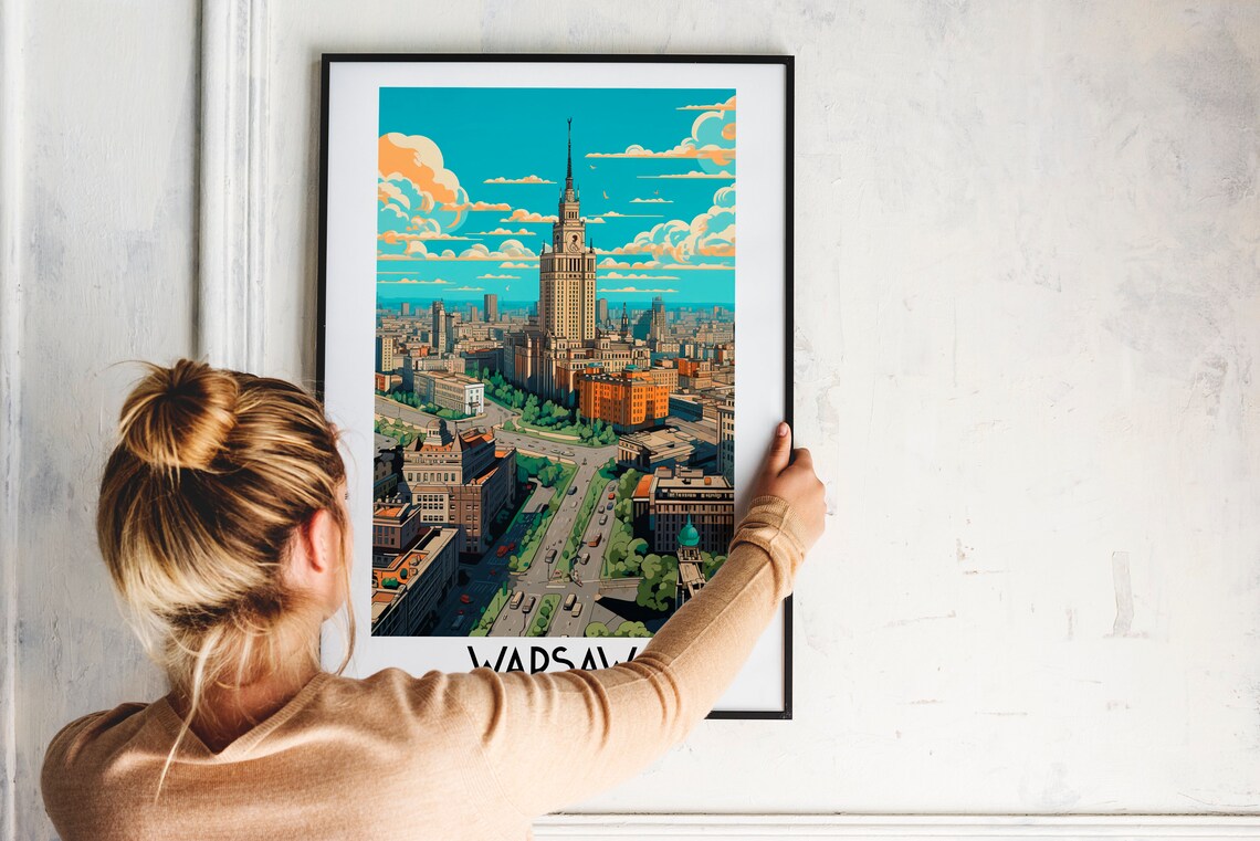 Warsaw Poland Palace of Culture Aerial City View Travel Poster - Image 2