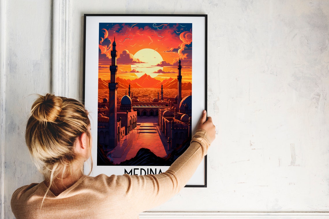 Medina Saudi Arabia Mosque Minarets Fiery Sunset Skyline Travel Poster - Image 2