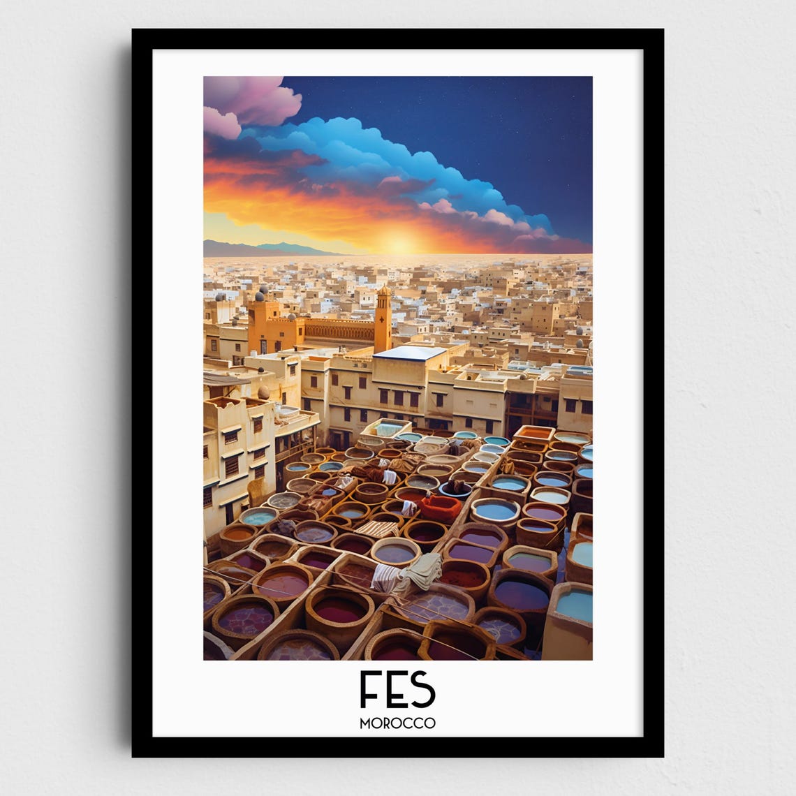 Fes Morocco Historic Tannery Dye Pits Sunset Travel Art Poster