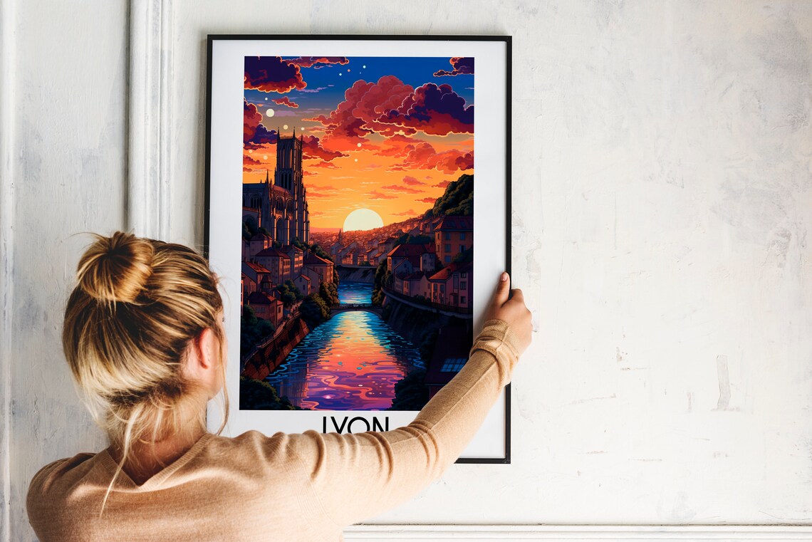 Lyon France Cathedral Sunset River Reflections Travel Poster - Image 2
