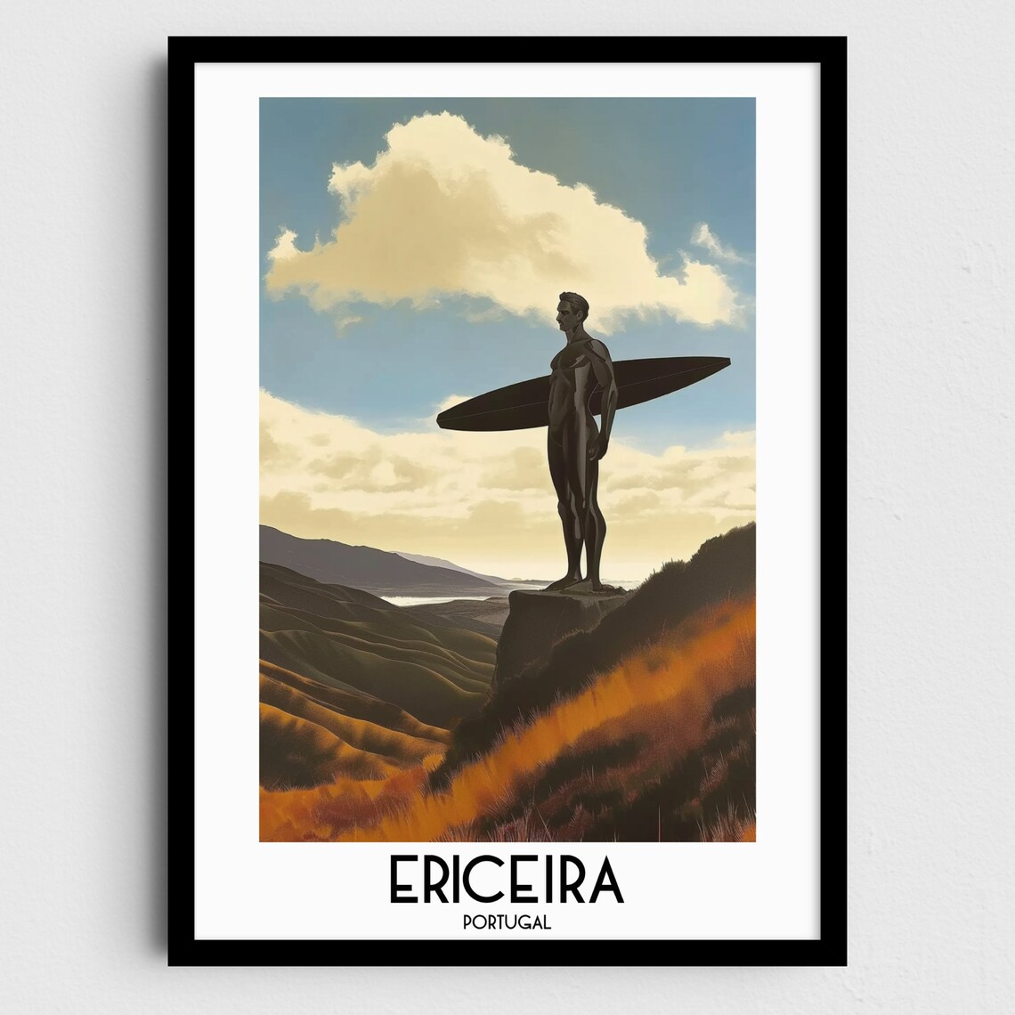 Ericeira Portugal Surfer Statue Cliff Coastal Sunset Travel Poster