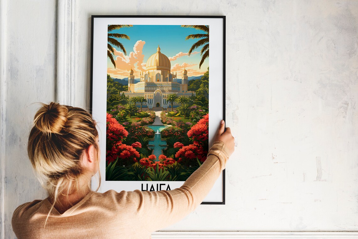 Haifa Israel Bahai Gardens Golden Dome Temple Vintage Travel Poster - Image 2