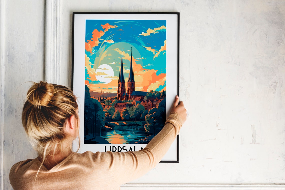 Uppsala Sweden Cathedral Twin Spires Sunset River View Travel Poster - Image 2