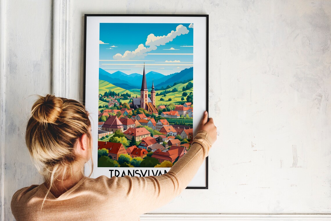Transylvania Romania Village Church Spires Mountain Travel Poster - Image 2