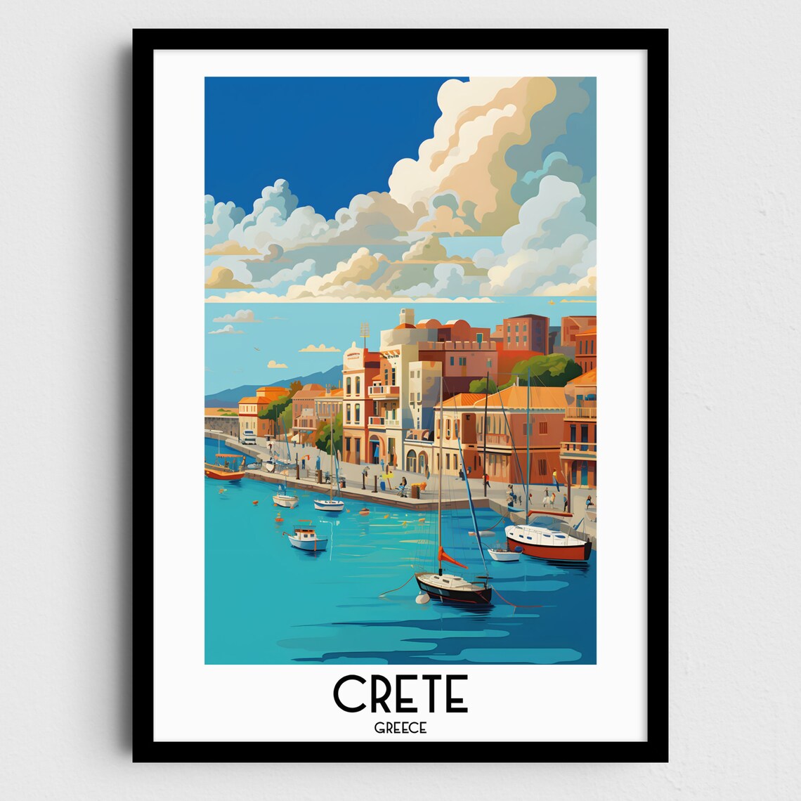 Crete Greece Colorful Harbor Town Sailboats Seaside Village Poster