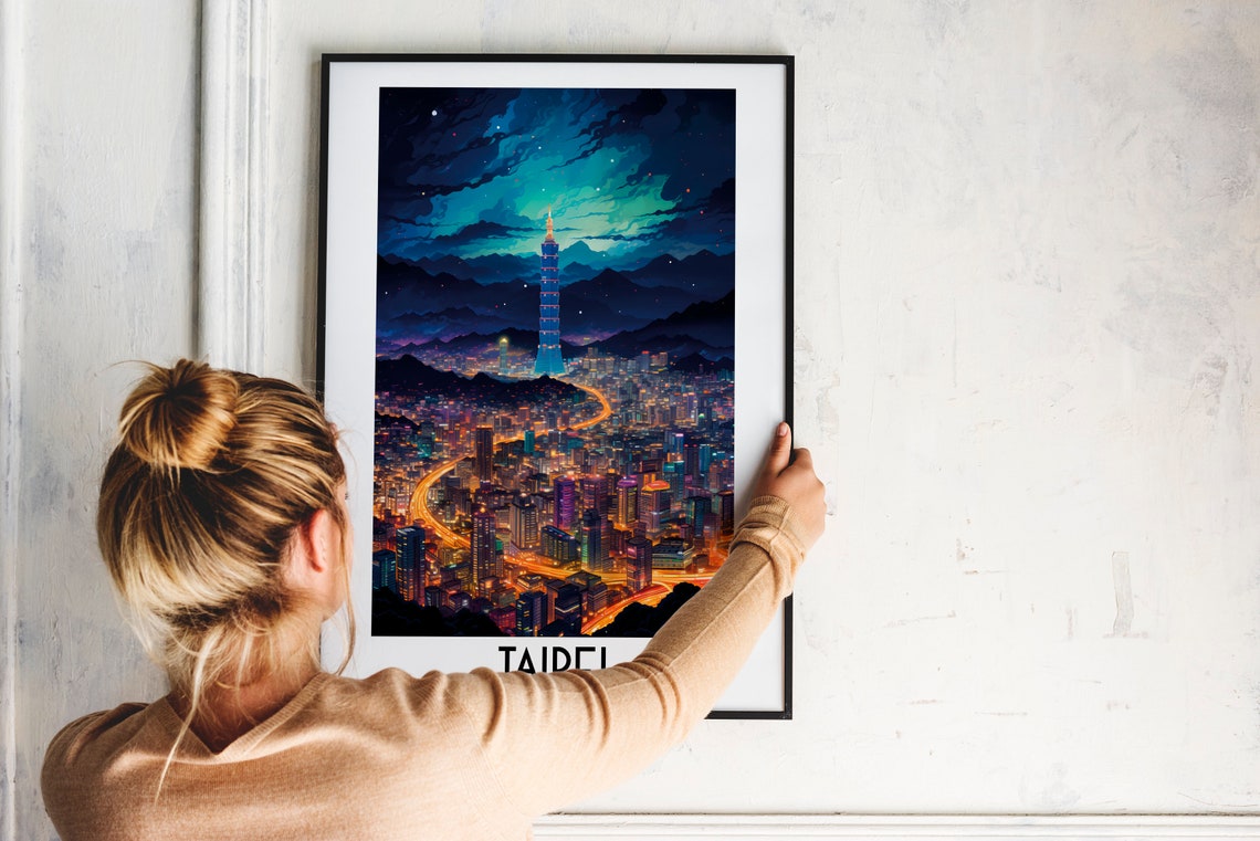 Taipei 101 Night Skyline Glowing City Lights Taiwan Travel Poster - Image 2