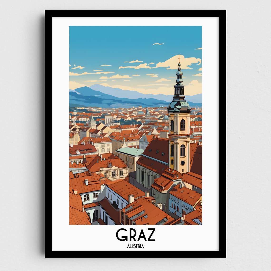 Graz Austria Old Town Rooftops Church Spire Mountain Travel Poster