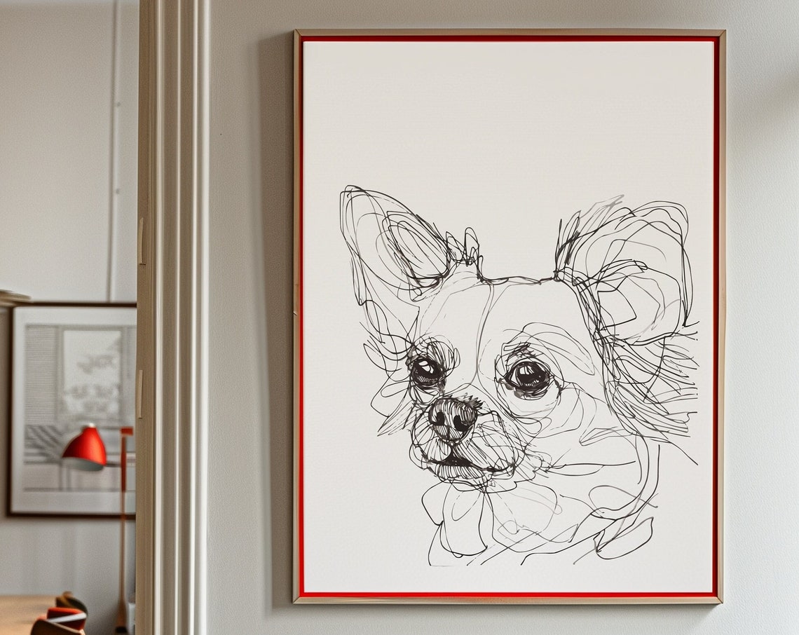 Papillon Dog Portrait Fluffy Butterfly Ears Sketch Line Art Poster